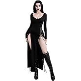 InGoticos Women Sexy Gothic Dress,Metal Corns Rope Stretch Slit V-Neck Goth Dress Without Belt