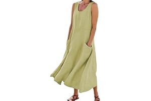 JWZUY Maxi Dress for Women Summer Sleeveless Cotton Linen Boho Casual Beach Sundress Loose Flowy Elegant Dresses with Pockets