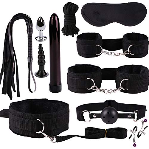 11 Piece Bondage Restraints Set Kit for Bed and Under Bed Sex Play SM Bondage Toy Gear Wrist Cuffs Gags Collar Spanking Rope Strap On Harness for Women Couples Lesbian Female,Black