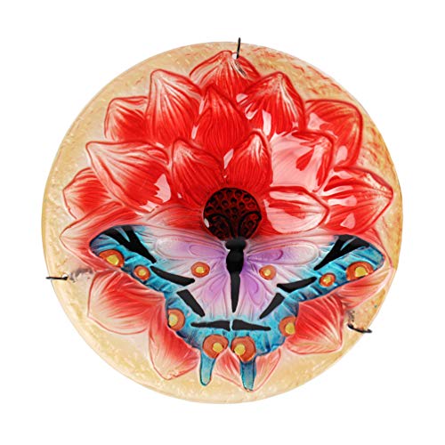 HONGLAND Birdbath Feeder Hanging Glass Bowl Butterfly&Flower for Garden,Yard,Patio,10 inches Diameter,Total Height 17 inches Including Chain