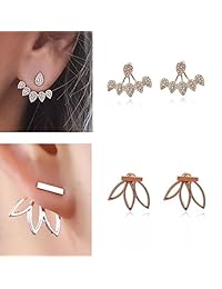 Juego de 9 pares de pendientes de oro rosa y plata con flor de loto hueca, simples y elegantes, con perlas de cristal turquesa.