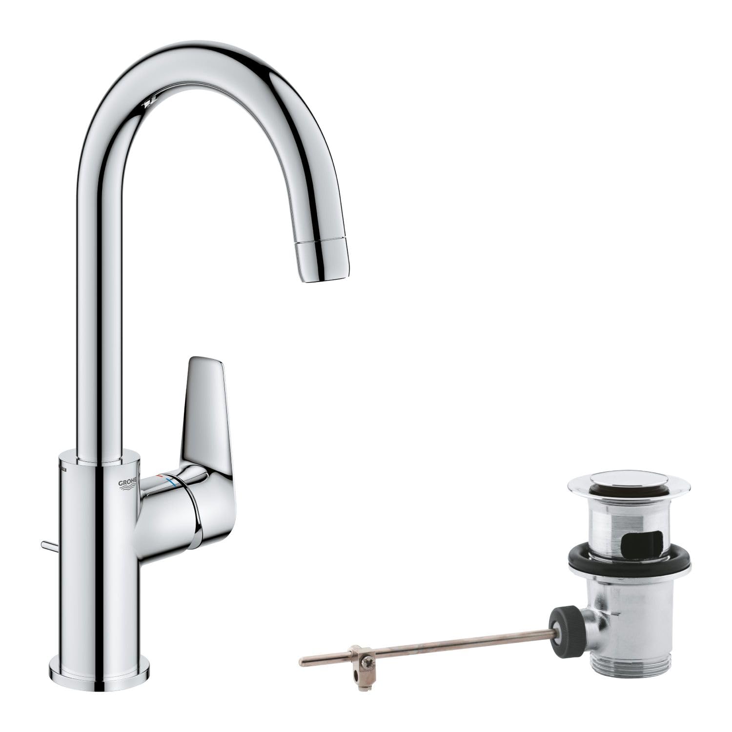 GROHE Start Edge - Wash Basin Mixer Tap (Metal Lever, Water Saving Mousseur 5.7 l/min, with Plastic Pop-Up Waste Set 1 1/4'', 28 mm Ceramic Cartridge, Tails 3/8 Inch), Size 159 mm, Chrome, 24201001