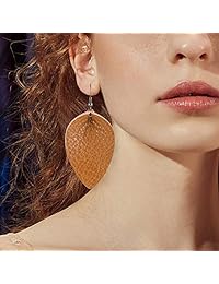 Genuine Leather Earrings Teardrop Leaf- Handmade Lightweight Dangle Antique Looking Petal Summer Earrings Set for Women Girls,Gold Yellow Silver Red