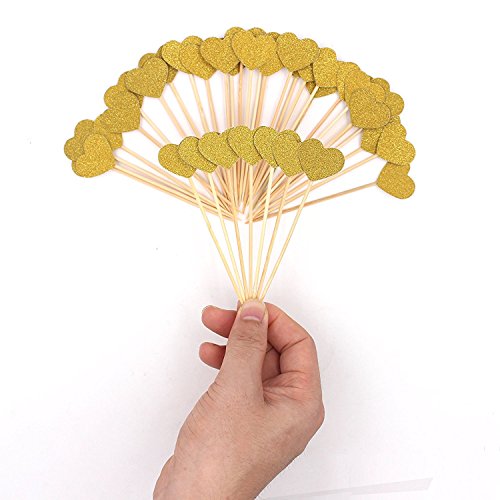 Zicome 50 Pack Double Sided Gold Glitter Cupcake Toppers Attached with Sticks for Baby Bridal Shower Birthday Party and Wedding (Heart)
