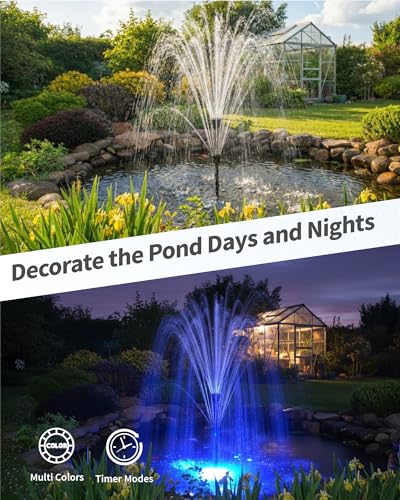 POPOSOAP Solar Pond Fountain with RGB Lights - Submersible Pump 40W, Flow 2100L/h, Adjustable Height and Flow Rate for Day & Night Decoration and Improving Water Quality