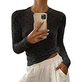 GCZREN Women Trendy Crew Neck Polka Dot Sheer Mesh Blouse Sexy Slim Fit Long Sleeve See Through Crop Shirt Fall Clubwear
