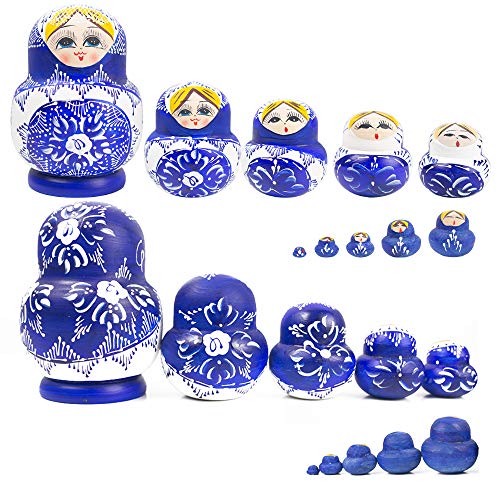 POPLAY 10 pcs. Beautiful Wooden Russian Nesting Doll Blue/Handmade Painted Gifts