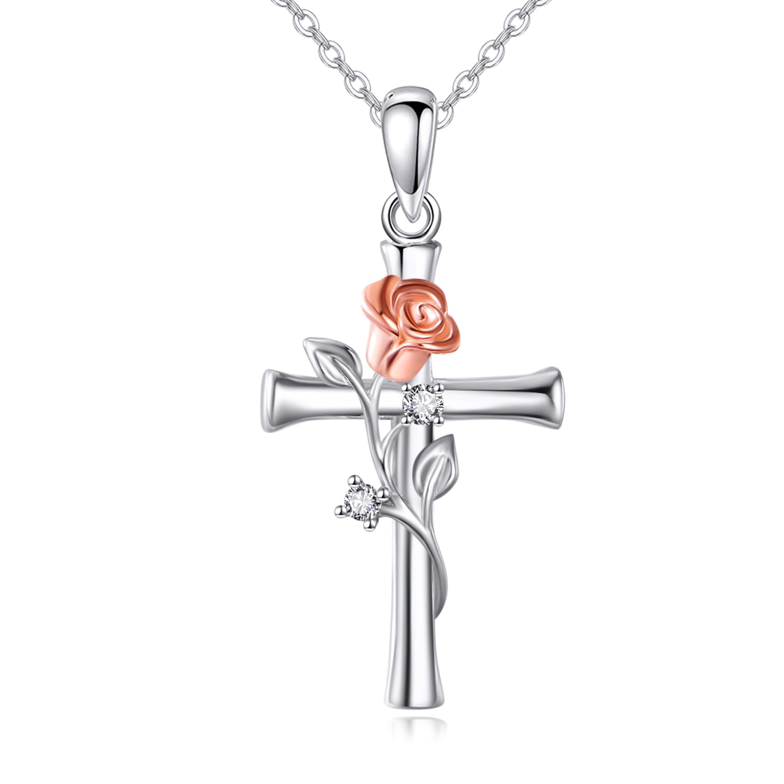 YFN Cross Necklace 925 Sterling Silver Rose Flower Necklace Rose Gold Long Chain Necklace Jewelry for Women Ladies Mom