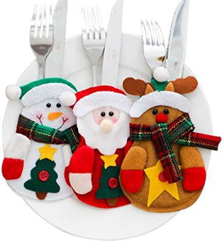 DTWORLD Christmas Forks Knives Dinner Flatware Decoration Holders, Santa Claus Cloth,Elk,Snowman Style Tableware Bags Cover Set Pack of 3 / Pack of 6