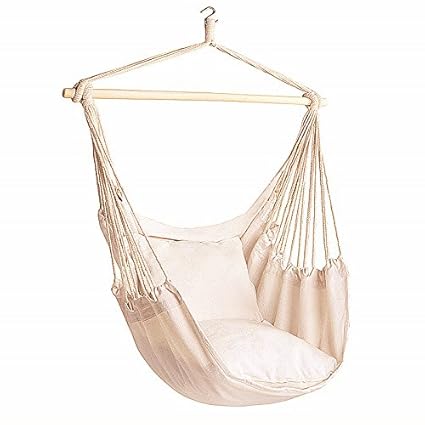 Bormart Hanging Rope Hammock Chair Large Cotton Weave Porch Swing Seat Comfortable and Durable Hanging Chair for Yard, Bedroom, Porch, Indoor, Outdoor - 2 Seat Cushions Included (White)