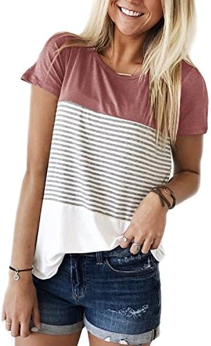 Lifenee1 Womens Short Sleeve Round Neck T Shirts Color Block Striped Causal Blouses Tops Pink M