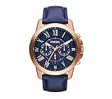Fossil Men's 44mm Grant Rose Goldtone Chronograph Watch with Navy Leather Strap