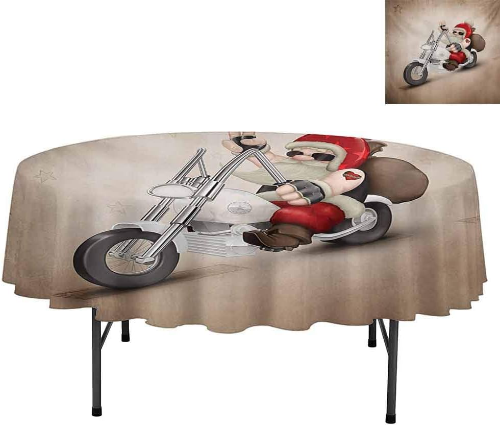 Aishare Store Decor Fabric Tablecloth, Rock Grunge Santa with Heart Tattoo on Motorbike Deliver, Round Tablecloths for Circular Table Cover, Round 50", Red and Cream