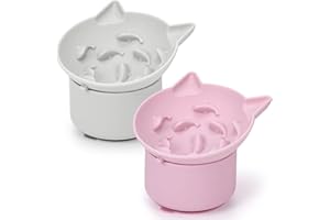 Funnymoom 2 Pack Silicone Cat Slow Feeder, Elevated Slow Feeder Cat Bowl for Dry and Wet Food, Tilted Design with Non Slip Base, Adjustable Angle for Pet(Gray and Pink)