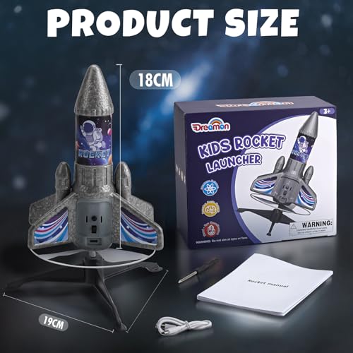 Dreamon Rocket Launcher for Kids with Parachute LED Light, Toy Rocket Space Theme Rechargeable Self-Launching Outdoor Garden Toys for 3 4 5 6 7 8 9 10 Years Old Boys Girls