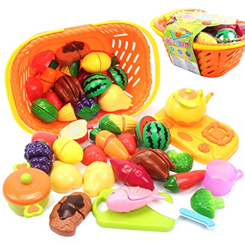AMOSTING Kids Pretend Food Play Kitchen Toys for Kids, Plastic Food Fruit Cutting Set for Kids Play Kitchen Set, 37 Piece Kitchen Play Food for Kids Learning Gifts Early Educational Toys