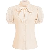 Belle Poque Summer Short Sleeve Office Button Down Blouse Vintage Business Casual Shirts Tops with Bow Tie