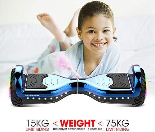 Hoverboard with LED lights, Bluetooth speaker, and cruiser design, priced at $102.21.