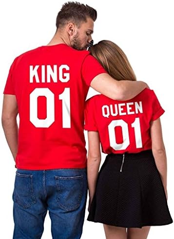 King 01 Queen 01 Matching T-Shirts, Couple Outfit (Red)-3XL/3XL