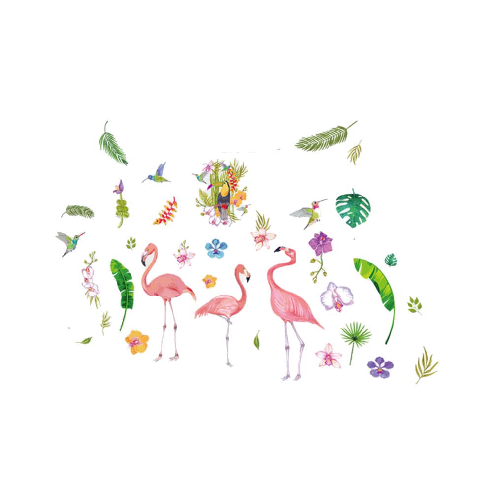 Colorful Pink Flamingo Leaves Flowers Birds Wall Sticker Decal for Home Decor