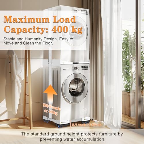 NIUXX Universal Connecting Frame and Base for Dryer and Washing Machine, Adjustable in Size with Ratchet Cable and Transport Wheels with Brake for Washing Machines and Dryers, Space Saving