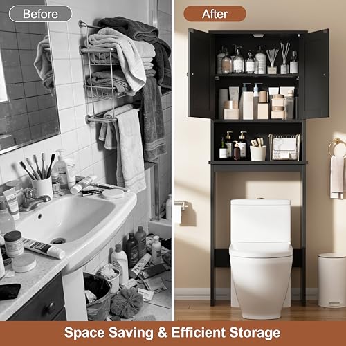 Shintenchi Over the Toilet Storage Cabinet, Bathroom Shelf Organizer with Anti-Tip Device Small Freestanding Space Saver with Adjustable Shelf, Black
