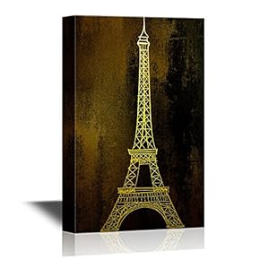 Vacation in Europe Canvas Wall Art - Eiffel Tower in Paris - Landmarks in Golden Color Gallery Wrap Modern Home Art | Ready to Hang - 12x18 inches