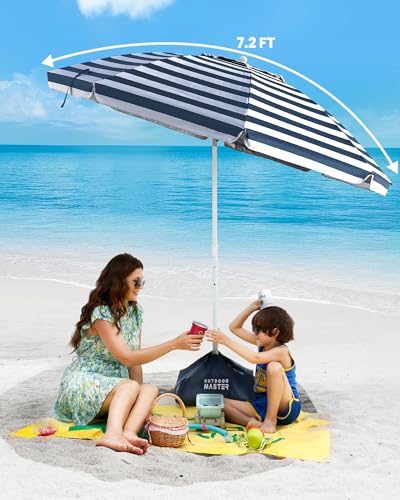 OutdoorMaster Beach Umbrellas for Sand with Sandbag & Anchor, 7.2ft Adjustable Umbrella for Beach Heavy Duty Wind, Portable UPF50+ Sunshade with Carry Bag for Patio