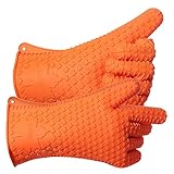 PUREFLY Orange Silicone Heat Resistant Gloves, Great for Grilling, BBQs, Baking, Smoke Ovens,Unique Maple Leaf Design in Finest Orange Silicone. Extra Long to Cover Wrists
