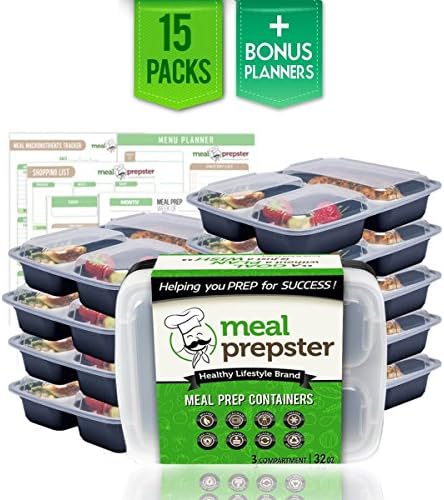 Meal Prep Containers (3 Compartment ) Certified BPA Free - Reusable Stackable Microwave Freezer Safe Plastic Divided Food Storage Portion Lunch Box w/ Airtight Clear Lids (15 Pack, 32 oz) + Planners