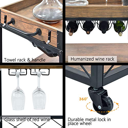charaHOME Industrial Kitchen Serving Carts Rolling Bar Cart with 3 Tier Storage Shelves Kitchen Island Cart with Wine Glass Holder,Handle Racks,Lockable Caster Liquor Cart Removable Top Box Container