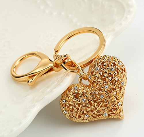 Fashion Metal Imitation Diamond Heart-shaped Handbag Backpack Wallet Keychain Car Key Ring Gift Sets for Girls Women (Dark Gold)