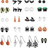 ASHMITA 20 Pairs Halloween Stud Earrings Sets Pumpkin Spider Bat Black Cat Ghost Witch Candy Spooky Fall Skull Drop Earring Set Jewelry Gift for Women