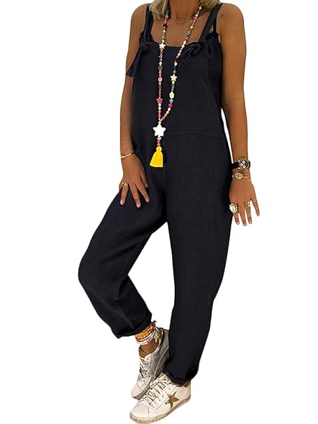 Tomwell Damen Beiläufig Latzhose Jumpsuits Bib Hose Leinen Casual Loose Overall Lange Wide Leg Hosen