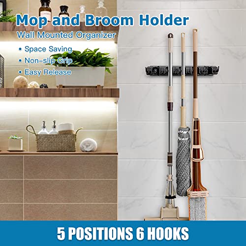 ibell Pack of 2 Broom Holder Wall, Tool Holder Wall Mount with 10 Holders and 12 Hooks, Broom Holder, Tool Holder, Garden Tool Holder, Organiser for Home, Kitchen, Bathroom, Garage, Garden