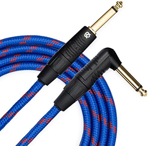 KLIQ Guitar Instrument Cable, 10 Ft - Custom Series with Premium Rean-Neutrik 1/4" Straight to Right Angle Gold Plugs, Blue/Red Tweed