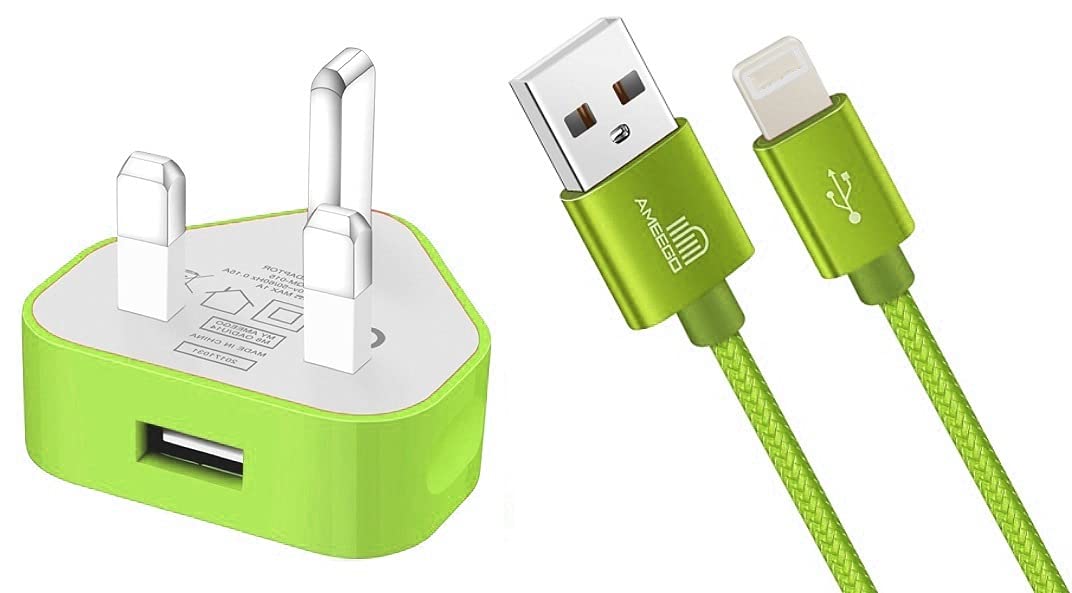 AMO USB Charger Plug UK, USB Plug Adapter Data Cable 2 Metre Compatible For iOSiPhones 5 5S 5C SE 7 8 X XS XR 11 12 13 14 iOSiPad iOSPod Air Pods (Green 1Amp)