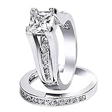 925 Solid Sterling Silver Cubic Zirconia Bridal Princess Cut Wedding Band Engagement Ring Set for Women