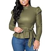 acelyn Women's Matte Mock Neck Turtleneck Long Sleeve Faux Leather Shirts Blouse Top with Belted