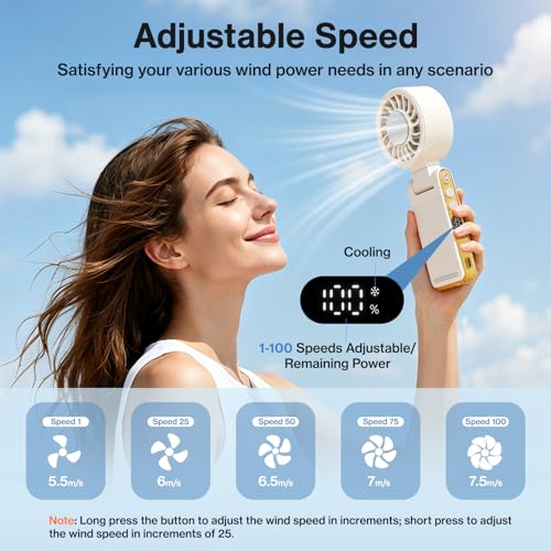Lomffy Ventilador Portátil de Mano con Enfriador de Hielo, 6 en 1 Ventilador de Mano Turbo con clip y pantalla LED 360° 180° Giratorio Alta velocidad Ventilador Turbo Recargable Velocidad de 1 a 100