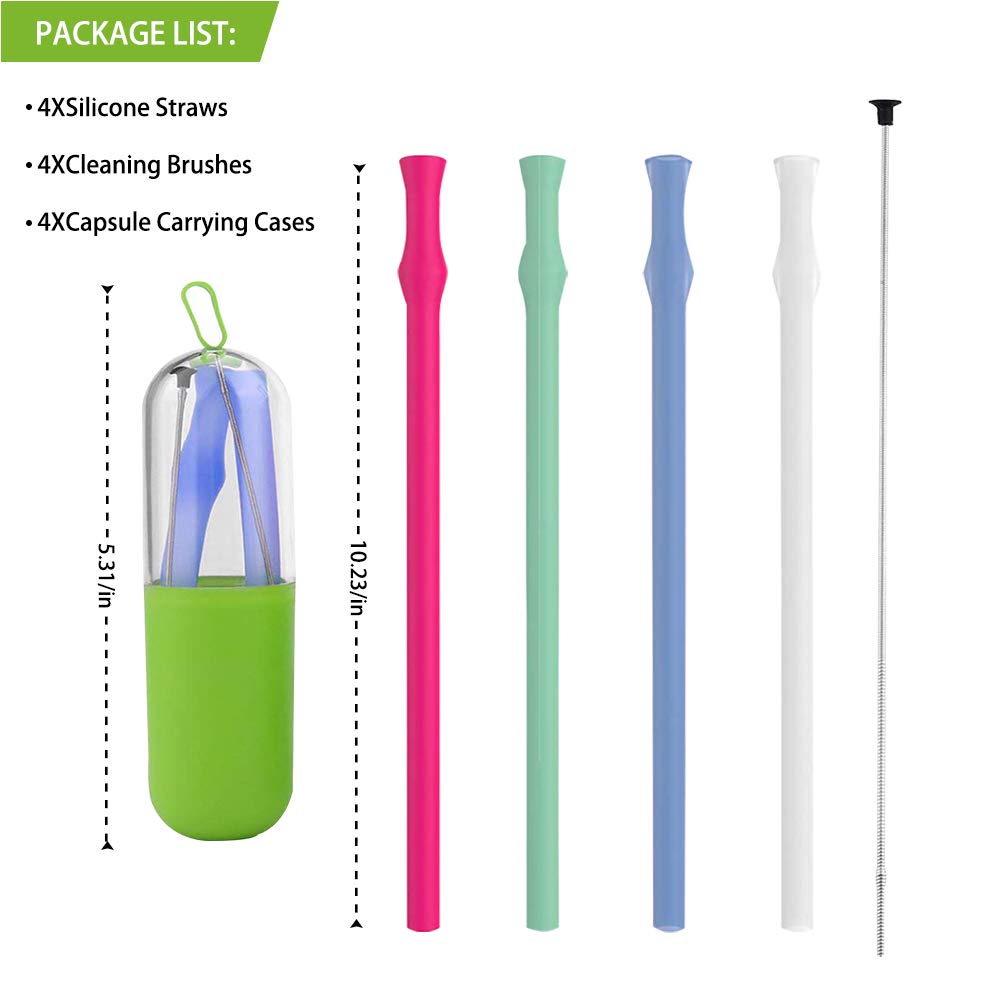 SIHUAN 4 Pack Silicone Straws Drinking Reusable - Portable Collapsible Straws - Silicone Straws - Eco Friendly Straws - Portable Straw with Case & Brushes Dishwasher Safe