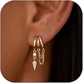 Gold Dangle Earrings for Women Dainty 14k Gold Plated Cubic Zirconia Irregular Tassel Earrings Triple Huggie Hoop Stud Earring Trendy Prom Jewelry for Women
