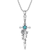 BETHZA Sword Necklace 925 Sterling Silver Real Turquoise Gemstone Vintage Rose Flower Sword Pendant Western Jewelry for Women