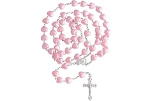 OEMOO Rosary Beads Catholic for Woman, Pink Heart Shaped Rosary Necklace, Bead Necklace First Communion Gifts for Girls Catholic