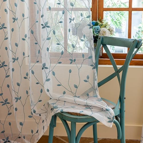 2 Panels Leaf Pattern Semi-Sheer Curtains, 137 x 213 CM Floral Foliage Embroidered Voile Window Drapes for Bedroom & Living Room, Rod Pocket Design, White & Teal