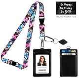 Wild Flowers Blossom Print Lanyard with PU Leather ID Badge Holder with 3 Card Pockets, Safety Breakaway Clip, Note Card. Gift of Carabiner Keychain Flashlight. Lanyard for Cruise or Work.