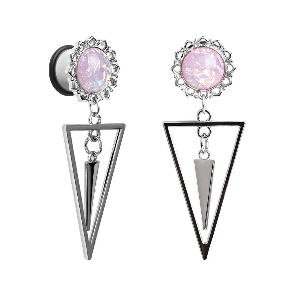 KUBOOZ Ear Plug Tunnel Gauge Stretcher Piercing Pink Triangle Pendant Stainless Steel Screw 9/16"