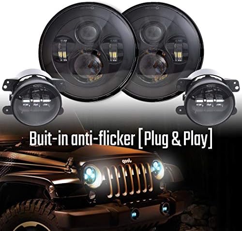 COWONE 7"inch Cree LED Headlights + 4 Inch Fog Lights Bulbs Set Kit for Jeep Wrangler JK LJ JKU TJ CJ Black