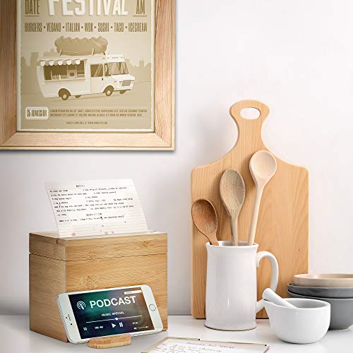 Prosumer's Choice Bamboo Recipe Box w/Fold Out Tablet and Smartphone Stand for 4x6 inch Cards