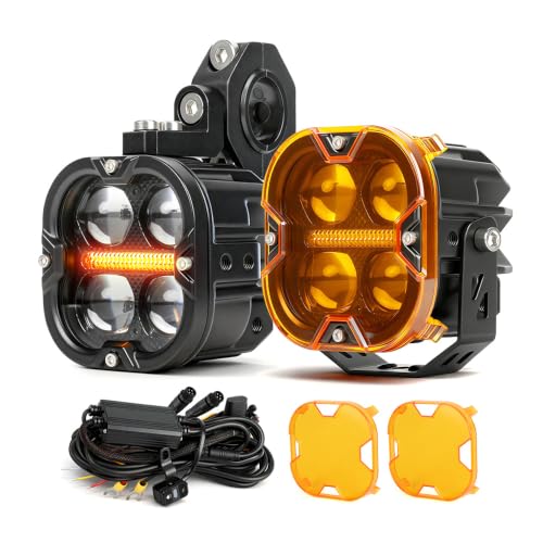 BraveWAY Additional Motorcycle Headlights 3 Inch 130W 14800LM DRL Amber Strobe Function Beam Combin Yellow Covers U-Bracket and Tubular Cable Harness